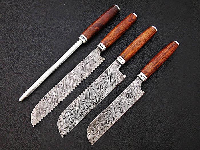 HS-207 Custom Handmade Damascus KItchen-Chef Knives Set Lot Of 4 Pecs With wood Handle