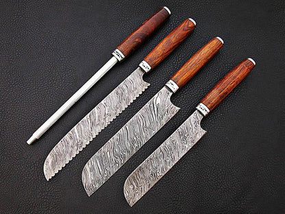 HS-207 Custom Handmade Damascus KItchen-Chef Knives Set Lot Of 4 Pecs With wood Handle