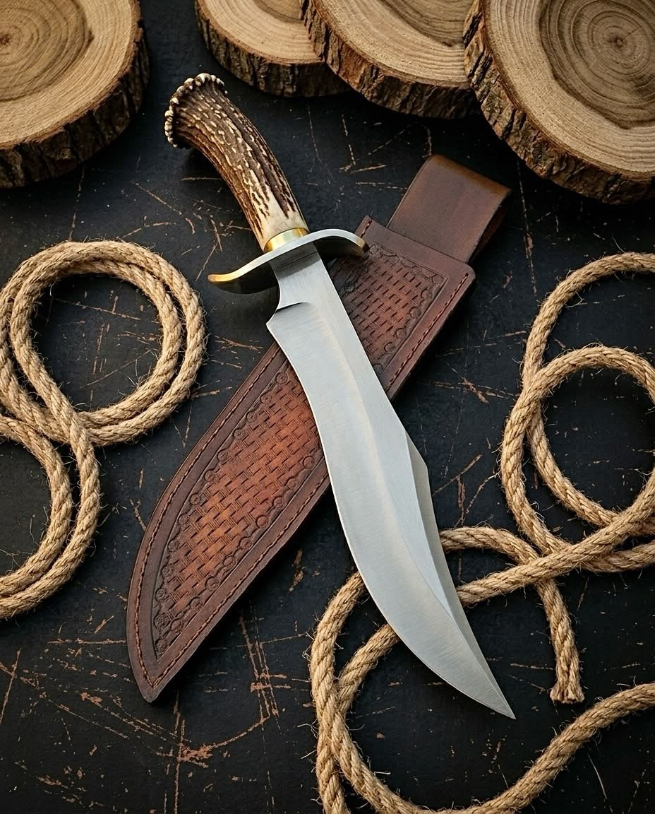 D2 steel Bowie knife with natural antler handle and brass guard beside embossed leather sheath on dark wood with rope