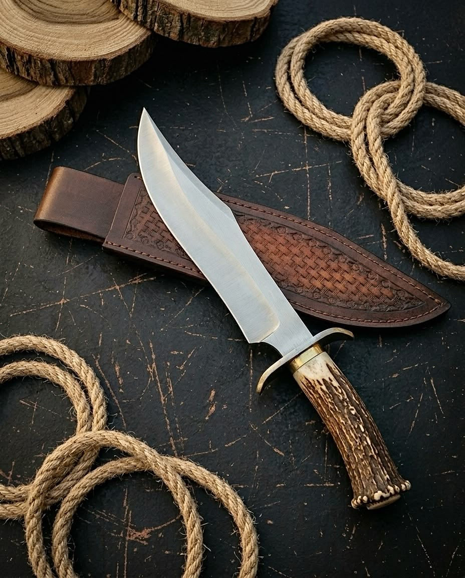 Handmade D2 steel clip point Bowie knife with antler handle and embossed leather sheath on dark surface with rope