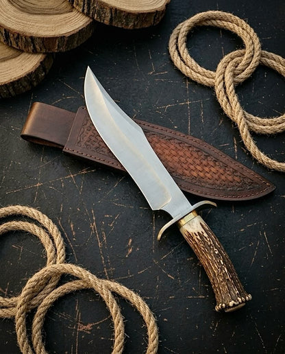 Handmade D2 steel clip point Bowie knife with antler handle and embossed leather sheath on dark surface with rope