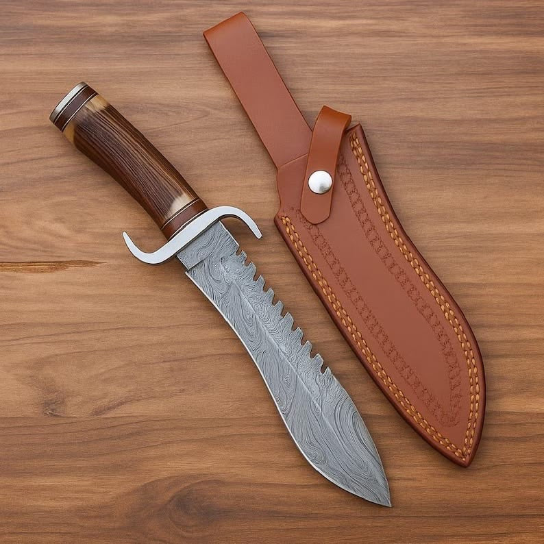 Damascus Bowie Knife — Antler & Wood Handle, Serrated Spine & Leather Sheath