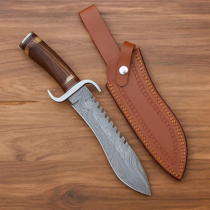 Damascus Bowie Knife — Antler & Wood Handle, Serrated Spine & Leather Sheath