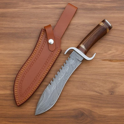 Damascus Bowie Knife — Antler & Wood Handle, Serrated Spine & Leather Sheath