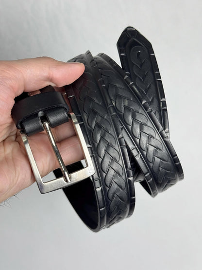 Hand-Tooled Black Leather Western Belt — Braided Woven Pattern & Stainless Steel Buckle