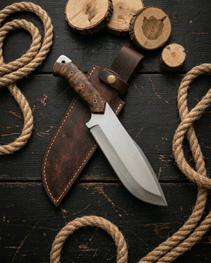 Handmade D2 Steel Bowie Knife — Stabilized Burl Wood Handle & Brown Leather Sheath