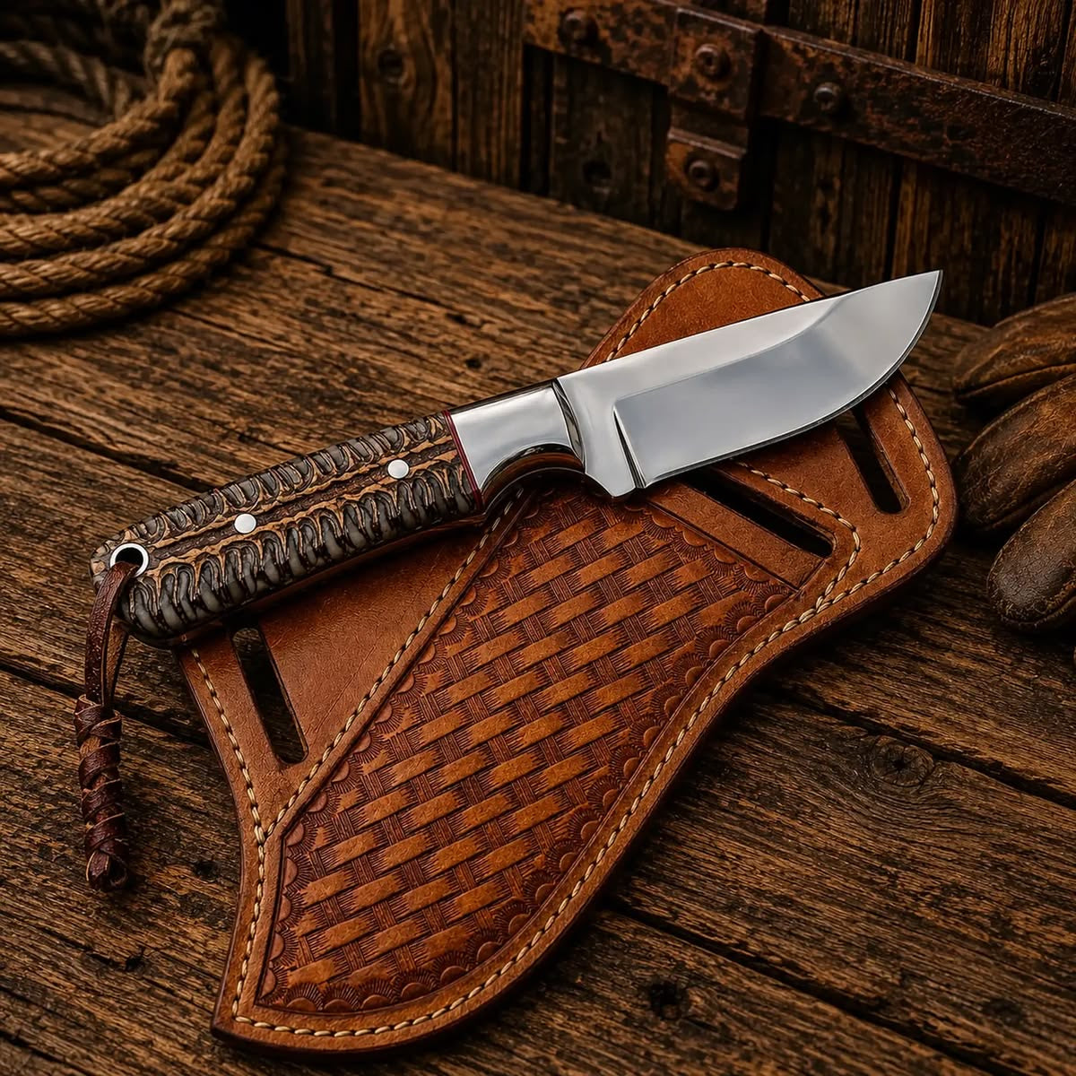 Handmade Skinner Knife — Braided Cord Handle, Steel Bolster & Tan Crossdraw Leather Sheath
