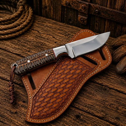 Handmade Skinner Knife — Braided Cord Handle, Steel Bolster & Tan Crossdraw Leather Sheath