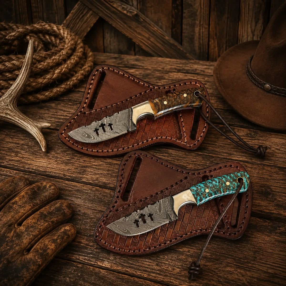 Two handmade Damascus skinner knives with turquoise resin and burl wood handles in hand-tooled leather sheaths on rustic wood with antler rope and cowboy hat