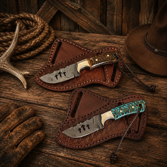 Two handmade Damascus skinner knives with turquoise resin and burl wood handles in hand-tooled leather sheaths on rustic wood with antler rope and cowboy hat