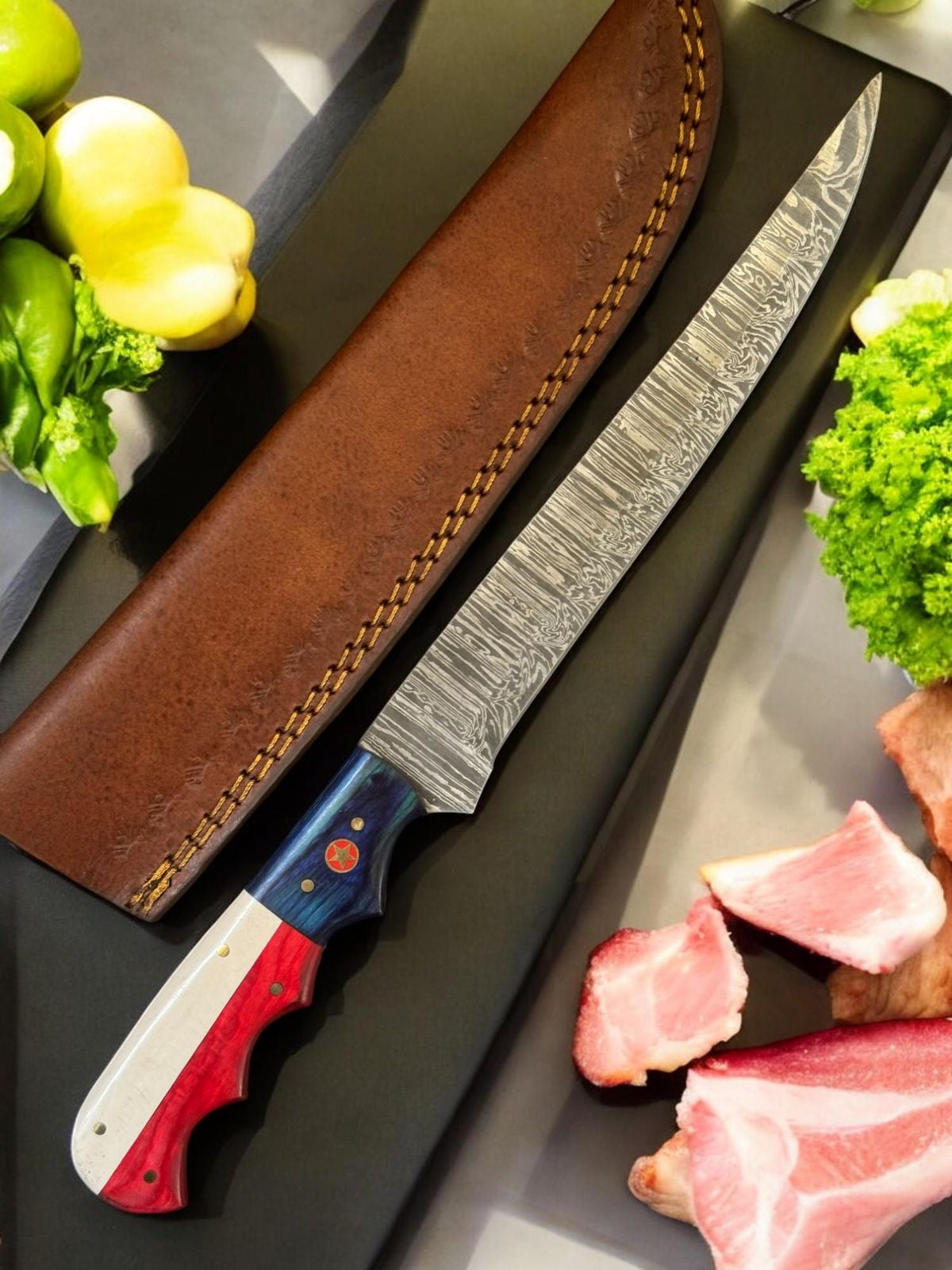 Handmade Damascus steel fillet knife with American flag red white blue handle and brown leather sheath, original product photo
