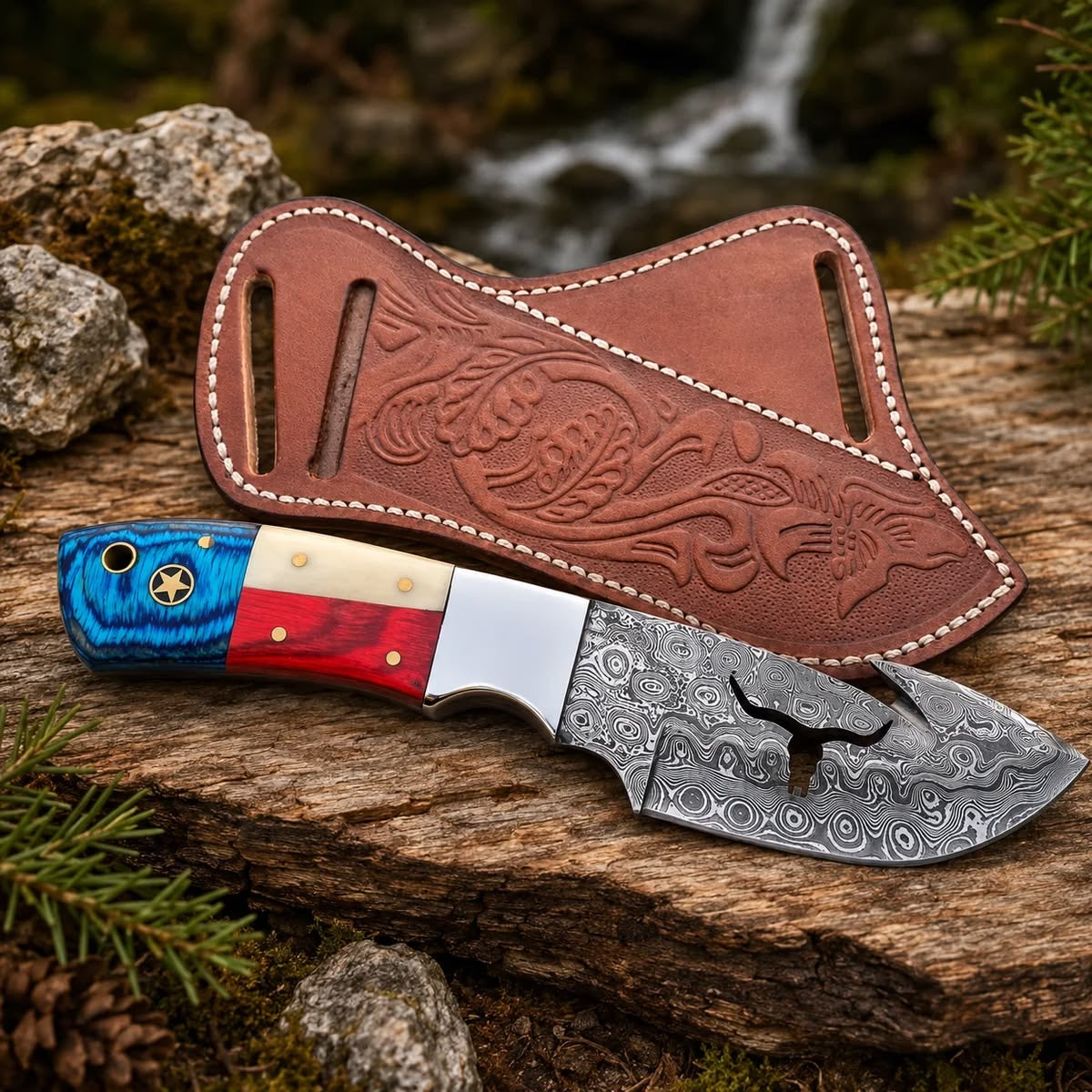 Handmade Damascus skinner knife with American flag handle gut hook and brown embossed leather sheath, original product photo