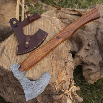 Hand Forged Damascus Viking Bearded Axe — Rosewood Handle