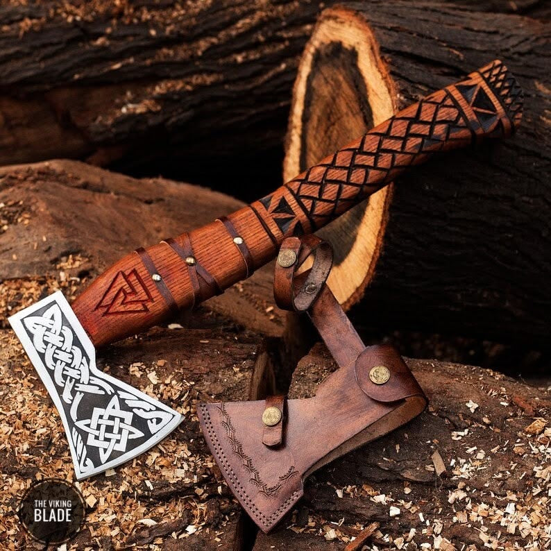 Handmade Viking Axe — Celtic Knot Etched Head, Carved Rosewood Handle & Leather Sheath