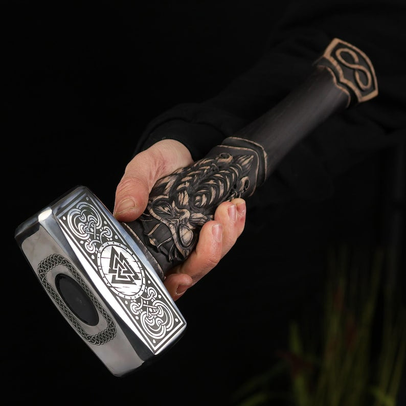 Viking Hammer with Valknut Symbol & Odin carved handle, Personalized Norse Hammer