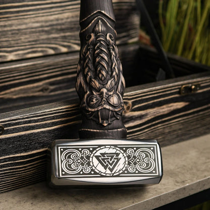 Viking Hammer with Valknut Symbol & Odin carved handle, Personalized Norse Hammer
