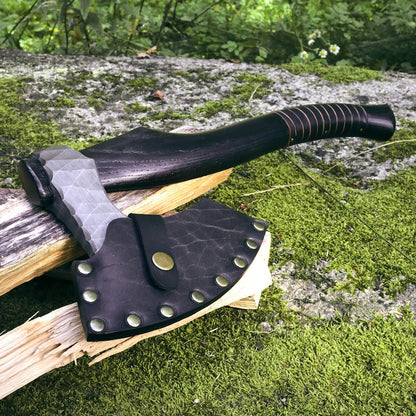 Handmade Viking Hatchet Custom Engraved, Functional Camping Axe Forged with Sheath & wooden runic box