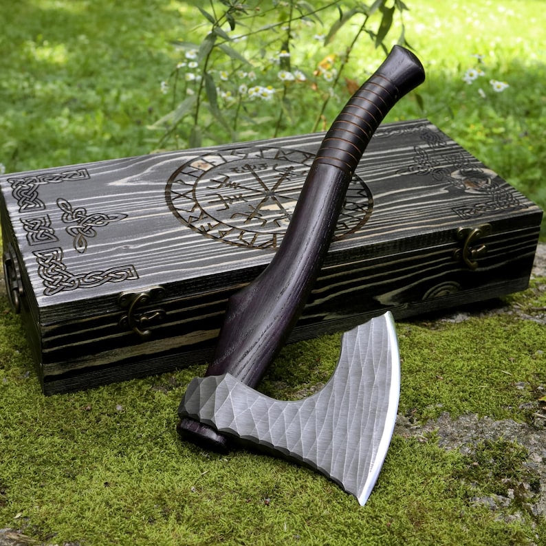 Handmade Viking Hatchet Custom Engraved, Functional Camping Axe Forged with Sheath & wooden runic box