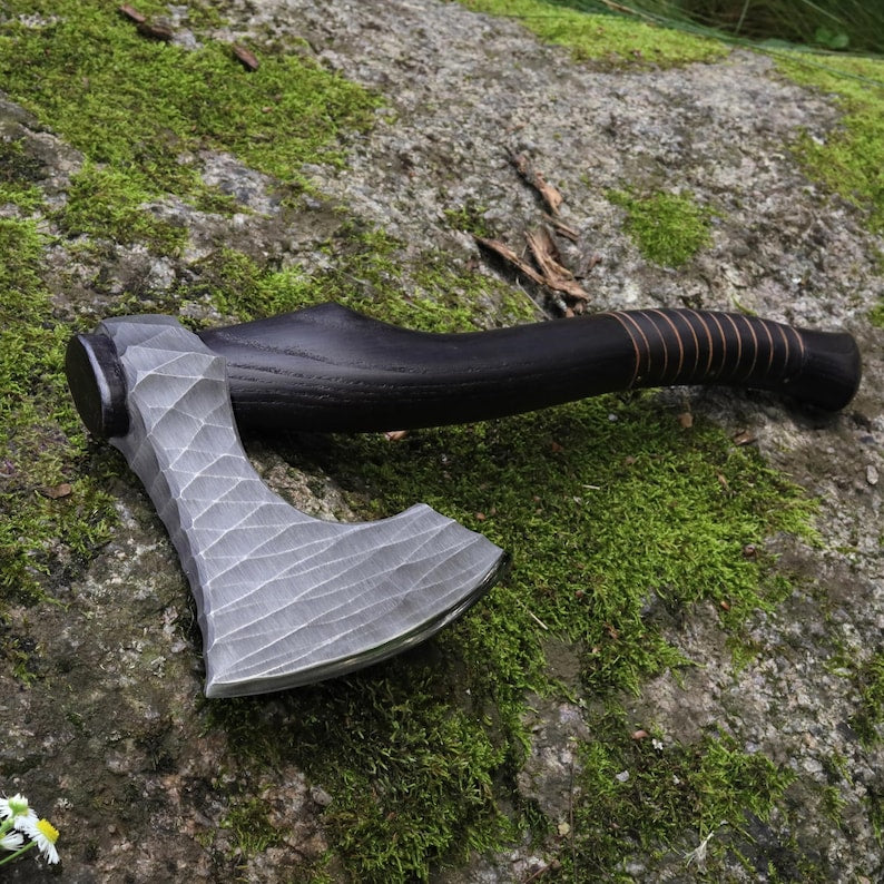 Handmade Viking Hatchet Custom Engraved, Functional Camping Axe Forged with Sheath & wooden runic box