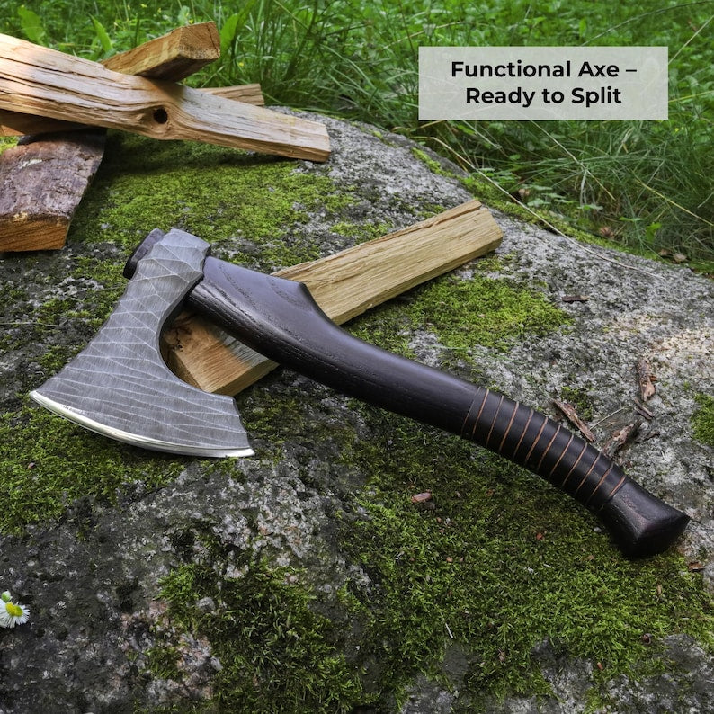 Handmade Viking Hatchet Custom Engraved, Functional Camping Axe Forged with Sheath & wooden runic box