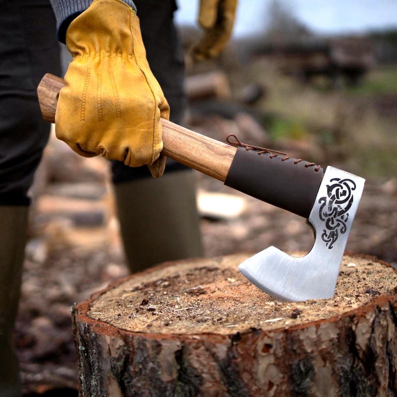 Handmade Viking Axe with Custom Engraving, High Carbon Steel Head & Leather Sheath