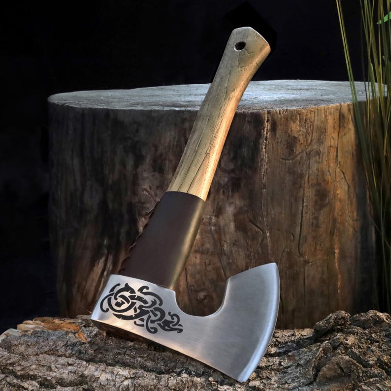 Handmade Viking Axe with Custom Engraving, High Carbon Steel Head & Leather Sheath