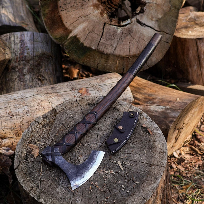 Large Hand Forged Viking Axe with Long Ash Wood Handle & Leather Cover