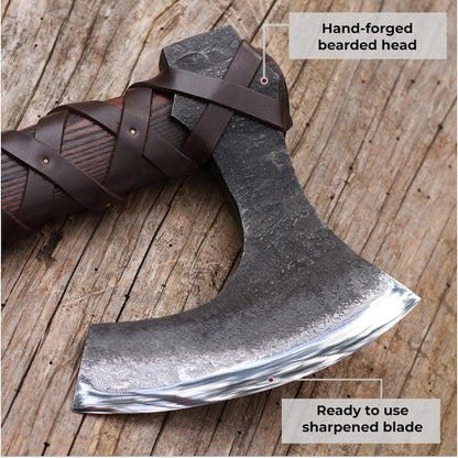Large Hand Forged Viking Axe with Long Ash Wood Handle & Leather Cover
