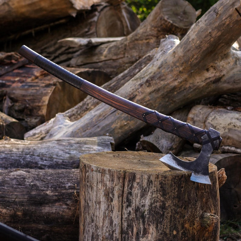 Large Hand Forged Viking Axe with Long Ash Wood Handle & Leather Cover