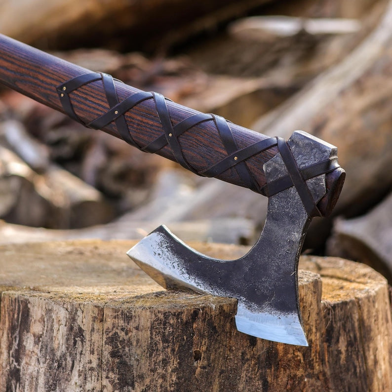 Large Hand Forged Viking Axe with Long Ash Wood Handle & Leather Cover
