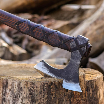 Large Hand Forged Viking Axe with Long Ash Wood Handle & Leather Cover