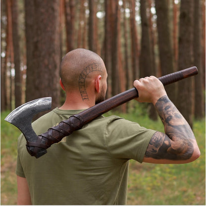 Large Hand Forged Viking Axe with Long Ash Wood Handle & Leather Cover