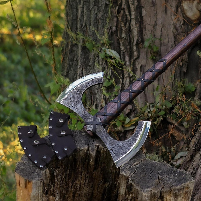 Double Headed Viking Axe with Leather Sheath & Custom Engraving