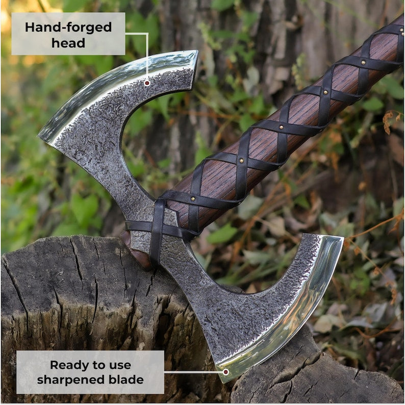 Double Headed Viking Axe with Leather Sheath & Custom Engraving