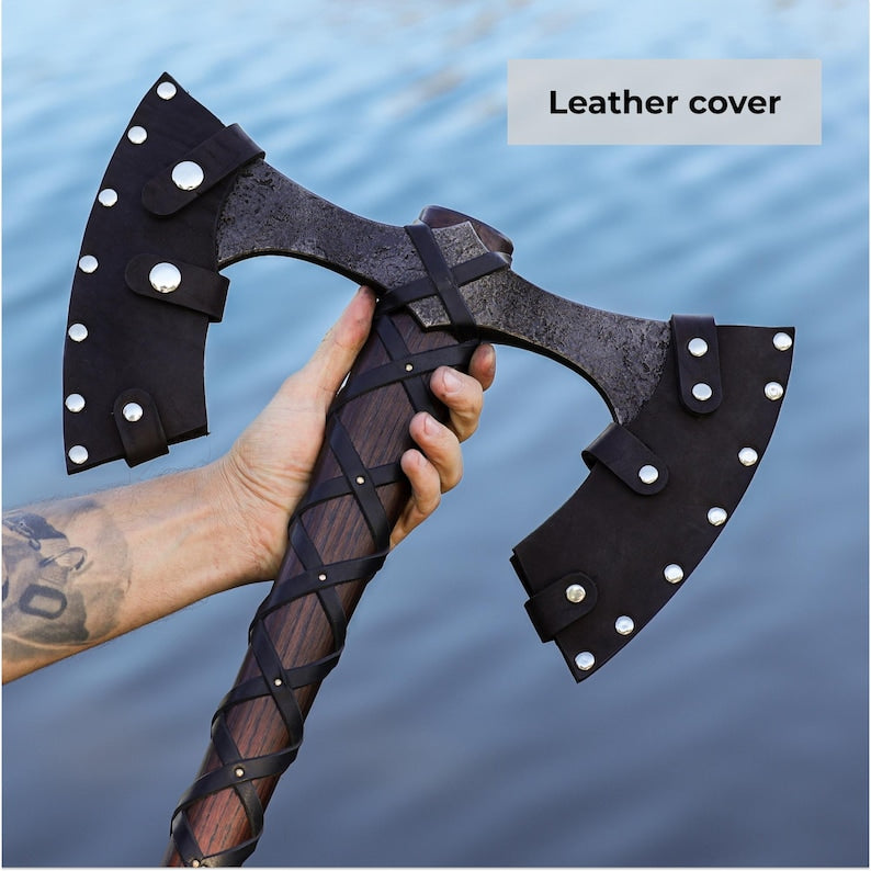 Double Headed Viking Axe with Leather Sheath & Custom Engraving