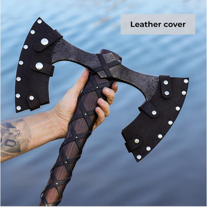 Double Headed Viking Axe with Leather Sheath & Custom Engraving