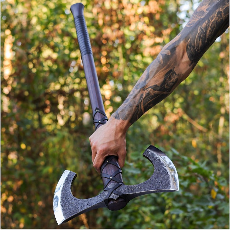 Double Headed Viking Axe with Leather Sheath & Custom Engraving