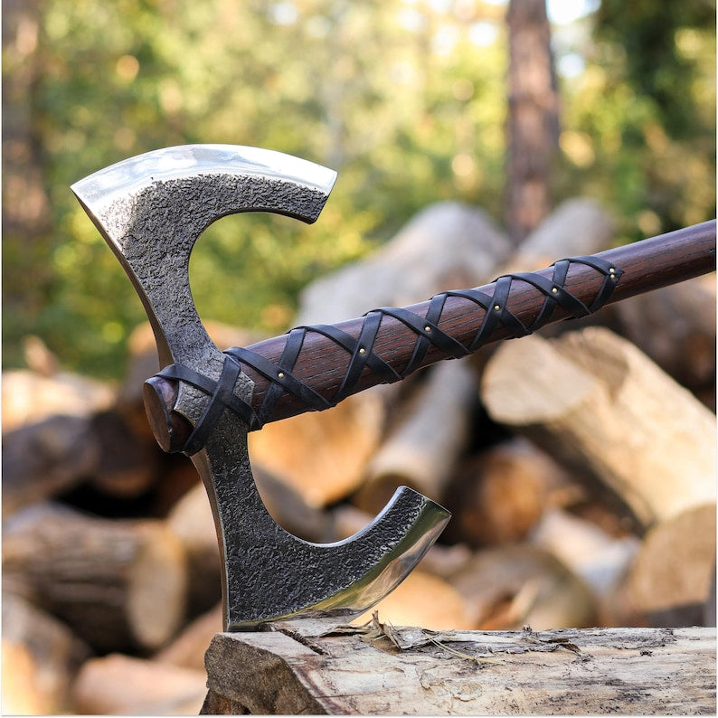Double Headed Viking Axe with Leather Sheath & Custom Engraving