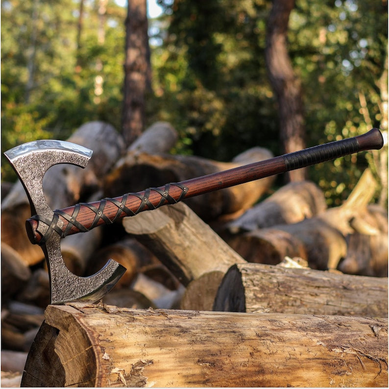 Double Headed Viking Axe with Leather Sheath & Custom Engraving