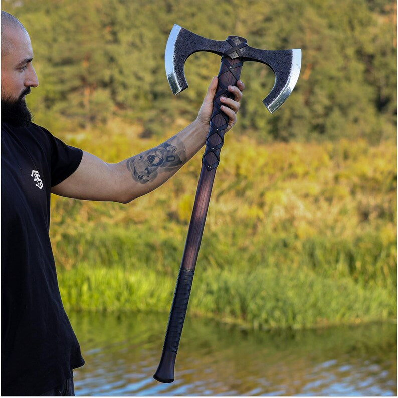 Double Headed Viking Axe with Leather Sheath & Custom Engraving