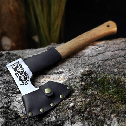 Axes with leather sheathes on a wooden surface