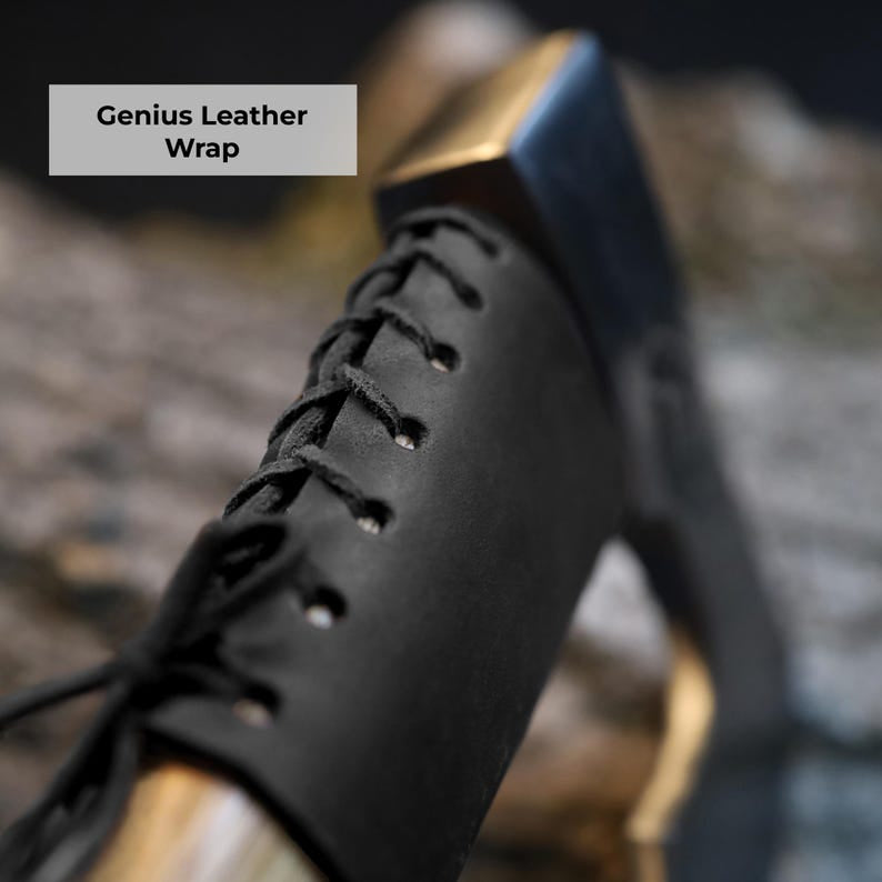 Black leather shoe with gold accents and 'Genius Leather Wrap' text.