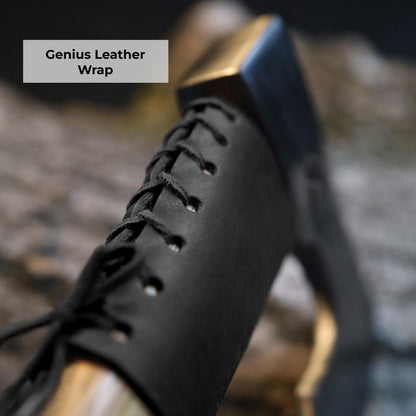 Black leather shoe with gold accents and 'Genius Leather Wrap' text.