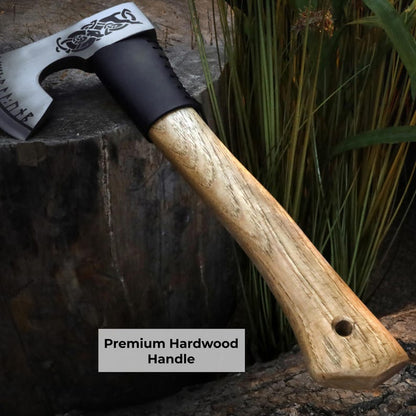 Axes with wooden handles on a stone surface