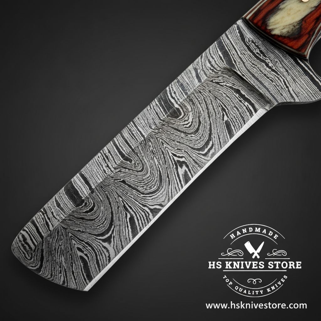 A close-up of a Damascus steel knife blade with a wavy gray and silver pattern, shown diagonally on a dark background. The handle is partially visible at the top right with a reddish-brown and cream inlay.
