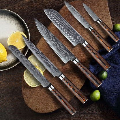 HS-175 Custom Handmade Damascus Six Pecs Kitchen/Chef Knives - Hard Wood Handle