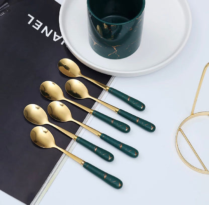 Stainless Steel Teaspoons Set- Set of 6 Tea spoon Set with Stand- Marble Finish Handle