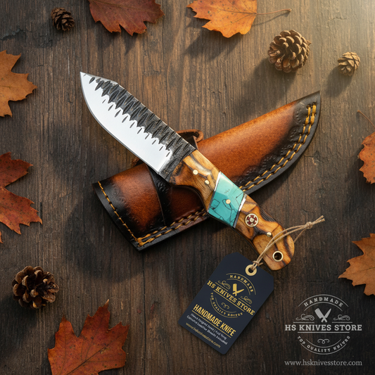 A handmade fixed-blade knife with a serrated steel blade, a carved wood handle with turquoise inlay, and a brown leather sheath, arranged on a dark wood surface with autumn leaves and pinecones. A branded hangtag and HS Knives Store watermark are visible.