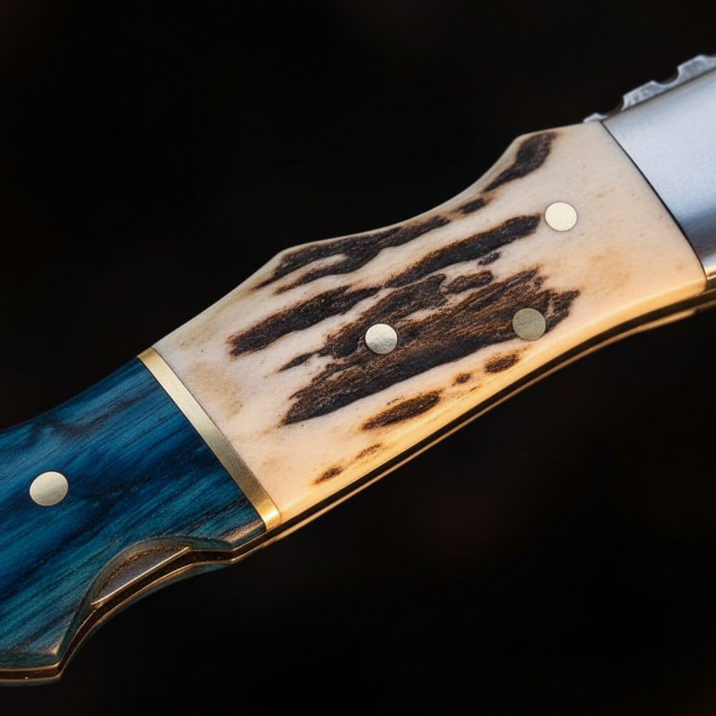 Close-up macro of stag horn antler and blue hardwood handle with silver pins on Damascus folding bull cutter knife