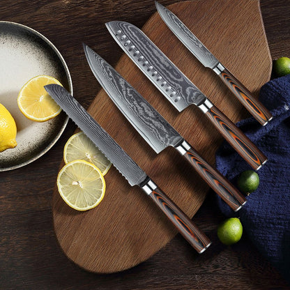 HS-175 Custom Handmade Damascus Six Pecs Kitchen/Chef Knives - Hard Wood Handle